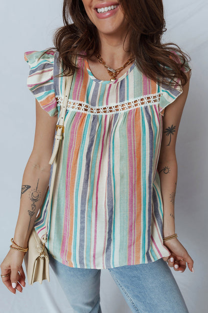 Lace Hollow-Out Insert Flutter Sleeve Blouse