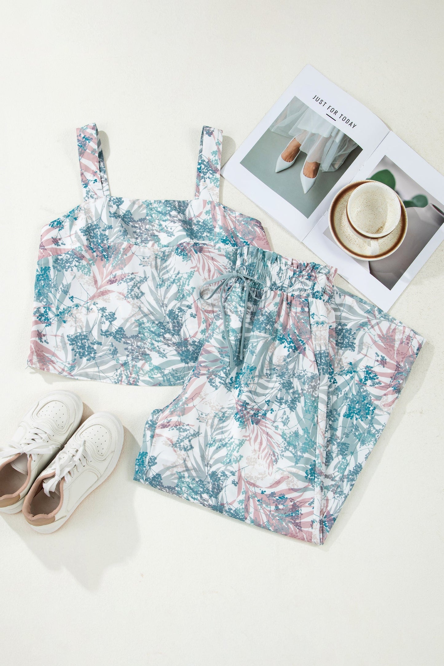 Tropical Palm Crop Tank & Wide-Leg Pants Set