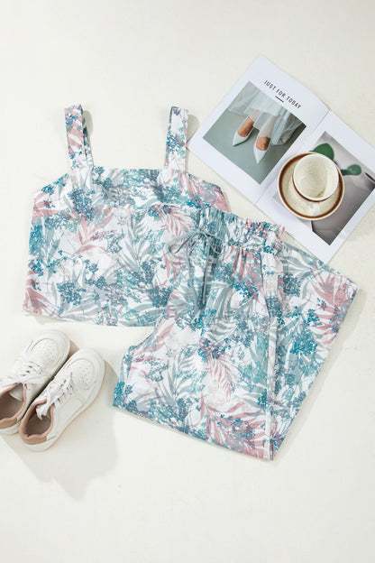 Tropical Palm Crop Tank & Wide-Leg Pants Set