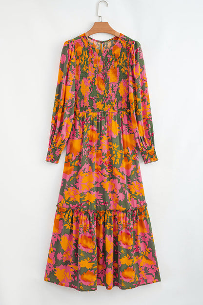 Floral Puff Sleeve Smocked Ruffle Maxi Dress