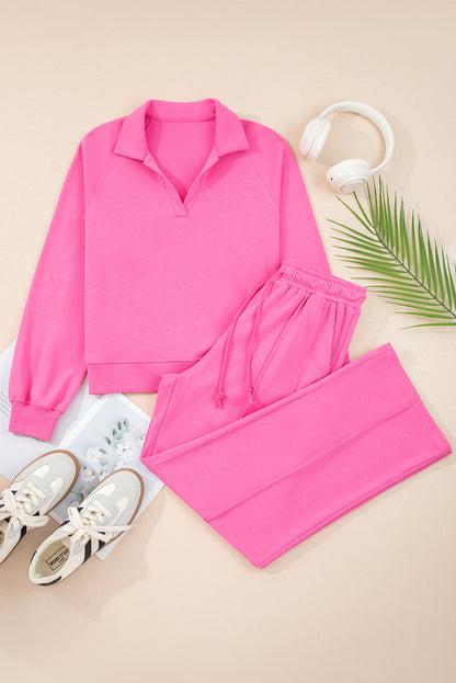 Solid Collared Top and Central Seam Pants Set