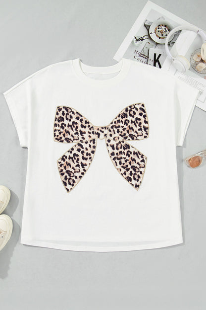 Plus Size Leopard Bow Embroider Patch T-Shirt