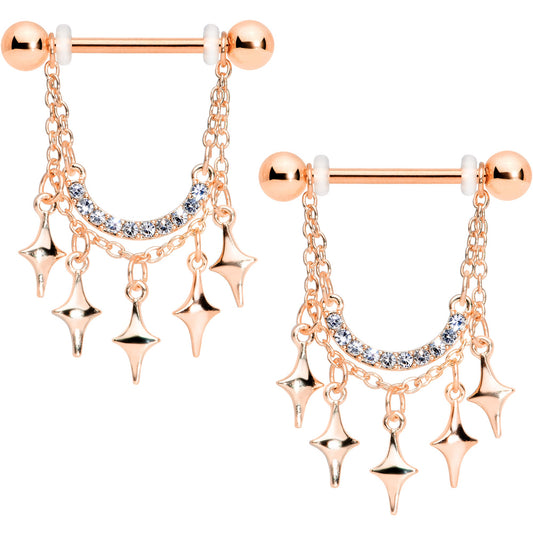 14G 9/16 Clear Gem Rose Gold Tone Drama Dangle Nipple Ring Set