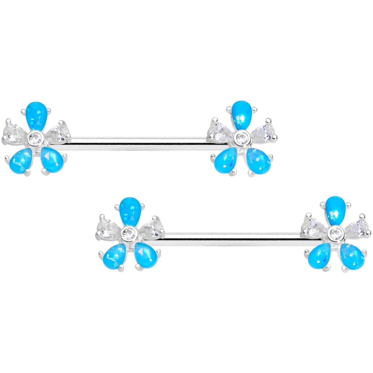 14G 9/16 Aqua Faux Opal Flower Barbell Nipple Ring Set