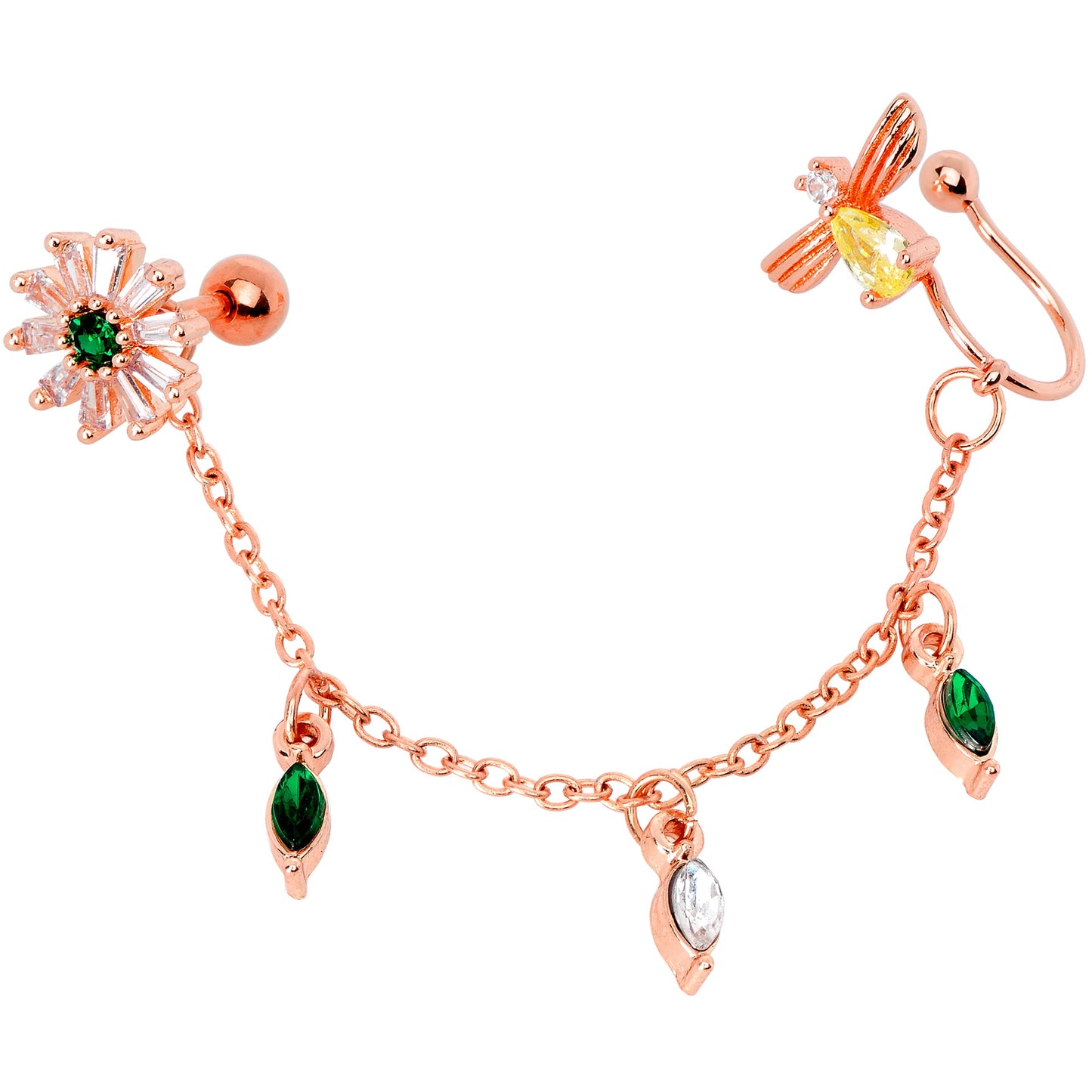 16G 1/4 Green Gem Rose Gold Hue Angel Cuff Chain Right Cartilage