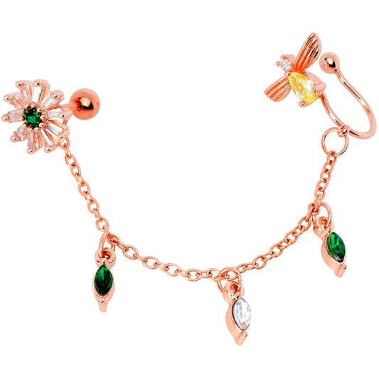 16G 1/4 Green Gem Rose Gold Hue Angel Cuff Chain Right Cartilage