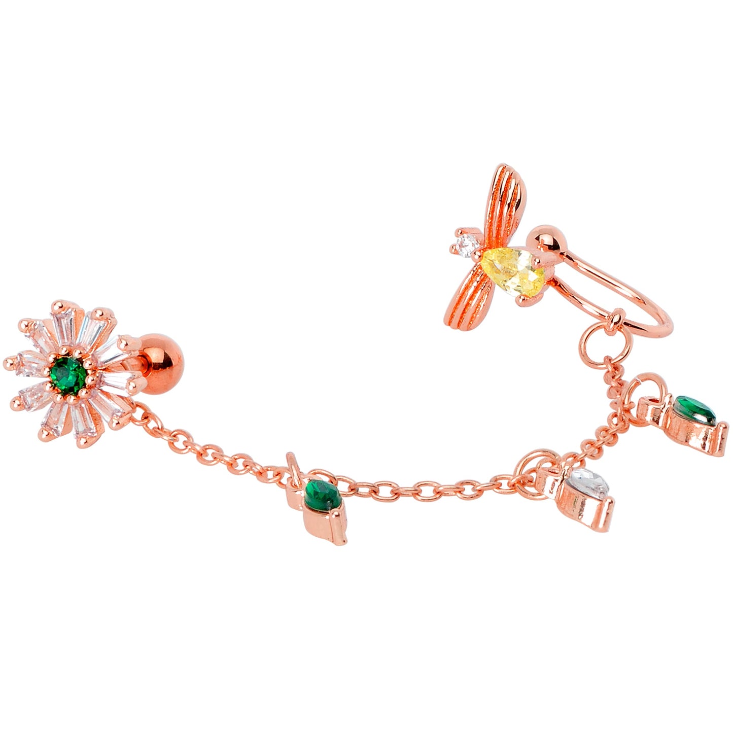 16G 1/4 Green Gem Rose Gold Hue Angel Cuff Chain Right Cartilage