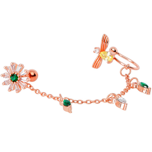 16G 1/4 Green Gem Rose Gold Hue Angel Cuff Chain Right Cartilage