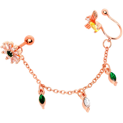 16G 1/4 Green Gem Rose Gold Hue Angel Cuff Chain Right Cartilage