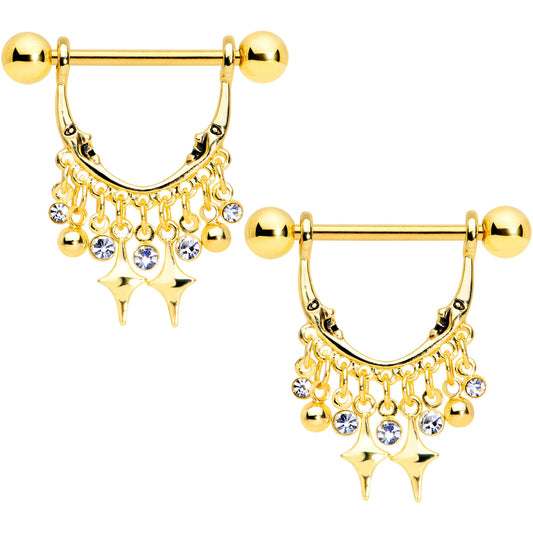 14G 5/8 Clear Gem Gold Tone Moons Dangle Nipple Ring Set