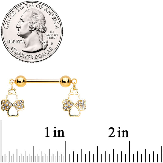 14G 9/16 Clear Gem Gold Tone Shamrock Dangle Nipple Ring Set