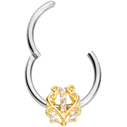 16G 3/8 Clear CZ Gem Fancy Heart Hinged Segment Ring