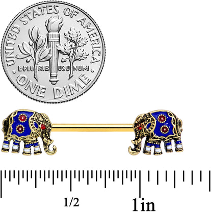 14G 9/16 Gold Tone Rococo Elephant Barbell Nipple Ring Set