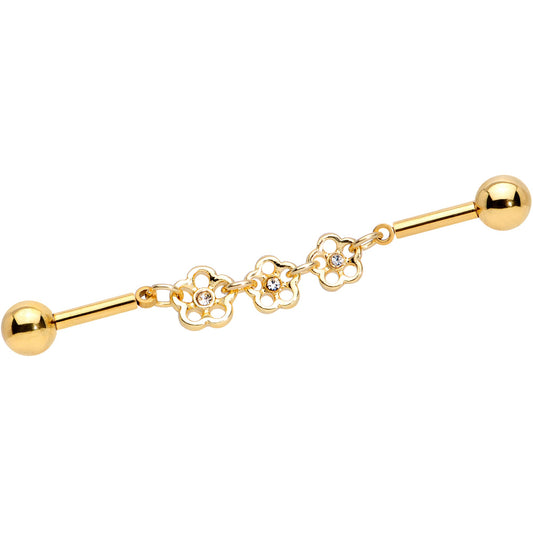 14G Clear Gem Gold Tone Flower Double Industrial Barbell 40mm