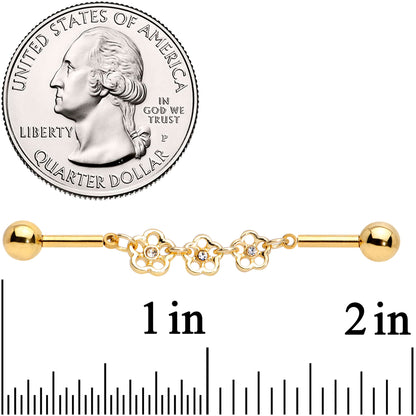 14G Clear Gem Gold Tone Flower Double Industrial Barbell 40mm