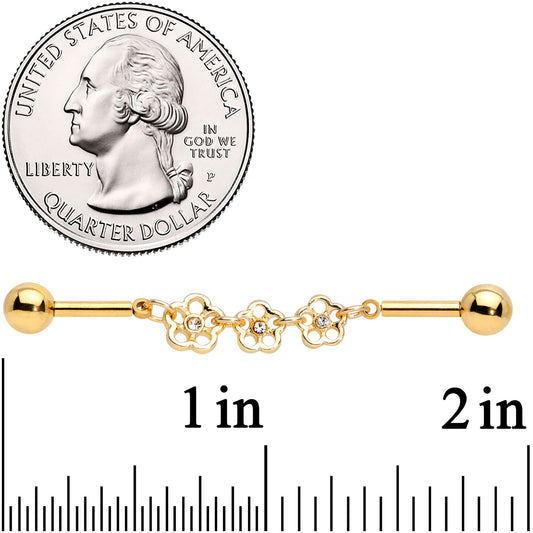 14G Clear Gem Gold Tone Flower Double Industrial Barbell 40mm