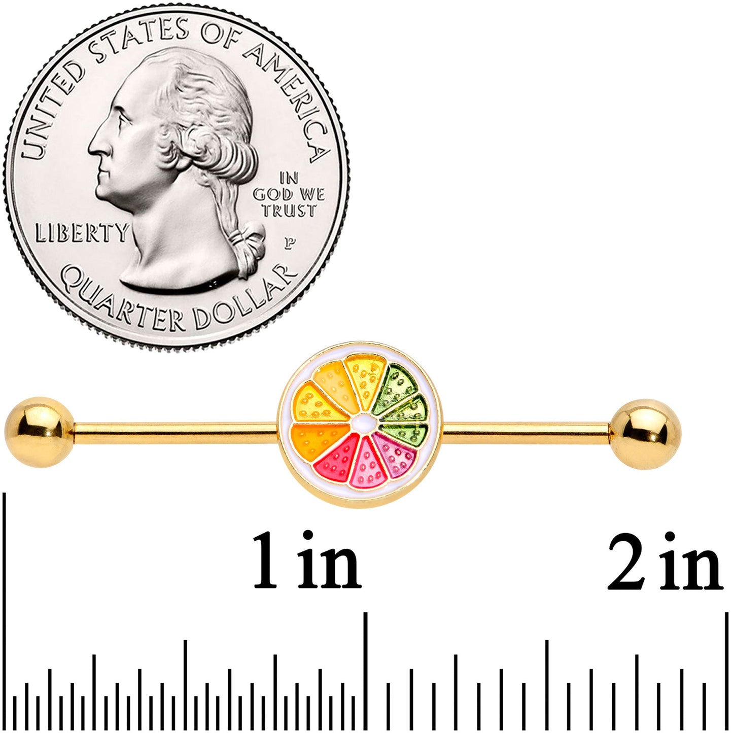 14G Gold Tone Rainbow Grapefruit Industrial Barbell 38mm