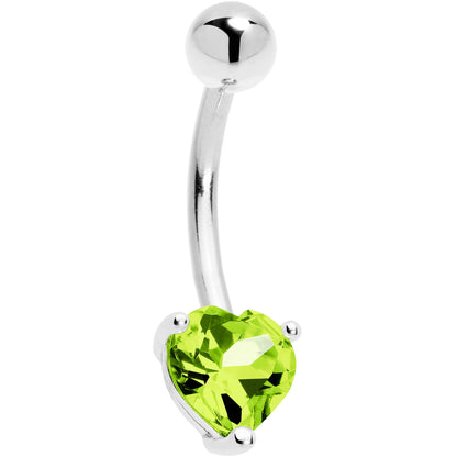 Solid 14K White Gold Genuine Peridot Heart Solitaire Belly Ring