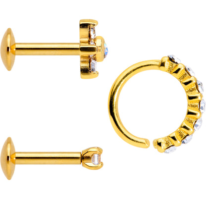 16G Clear CZ Gem Gold Tone Cartilage Labret Closure Ring Set of 3