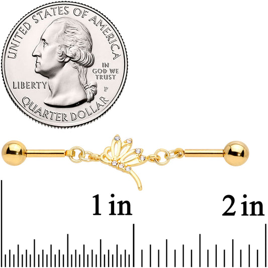 14G Clear CZ Gold Tone Dragonfly Double Industrial Barbell 40mm