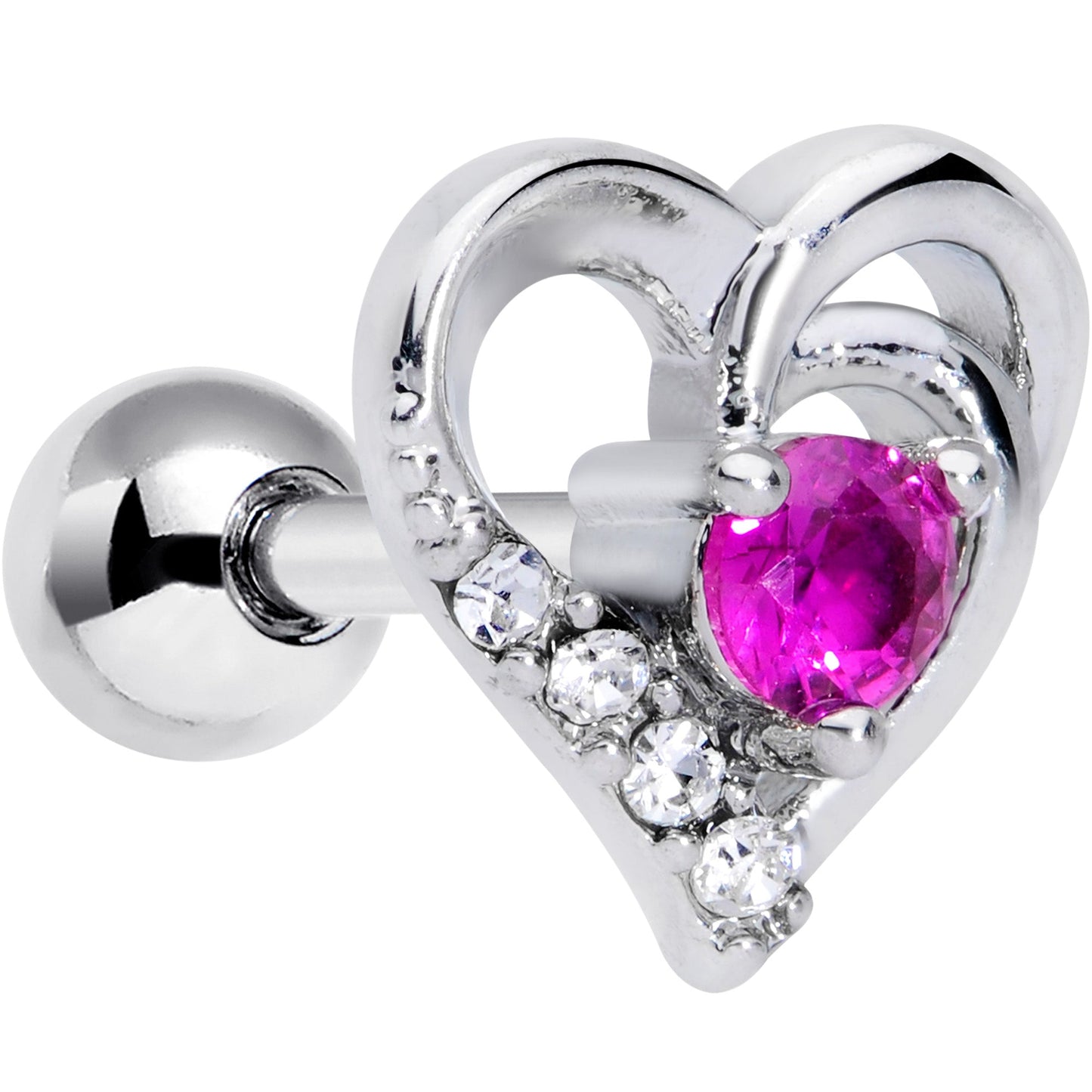 16G 1/4 Clear Pink Gem Swirling Heart Valentine Cartilage Tragus