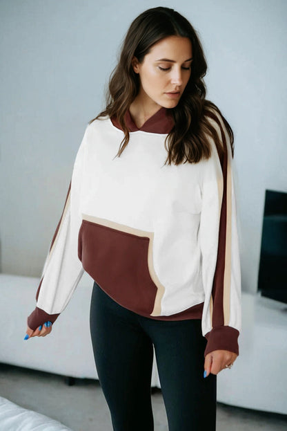 Colorblock Patchwork Kangaroo Pocket Hooded Sweatshirt