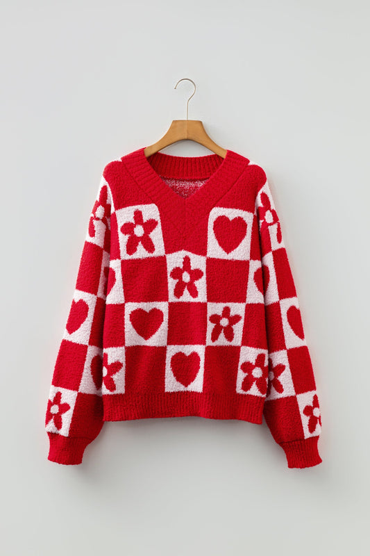 Valentine Heart V-Neck Long Sleeve Sweater