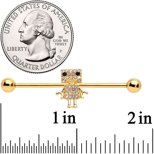 14G Clear Gem Gold Tone Ritzy Robot Industrial Barbell 38mm