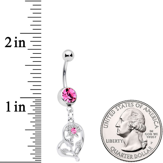 Pink Gem Blossoming Heart Flower Dangle Belly Ring
