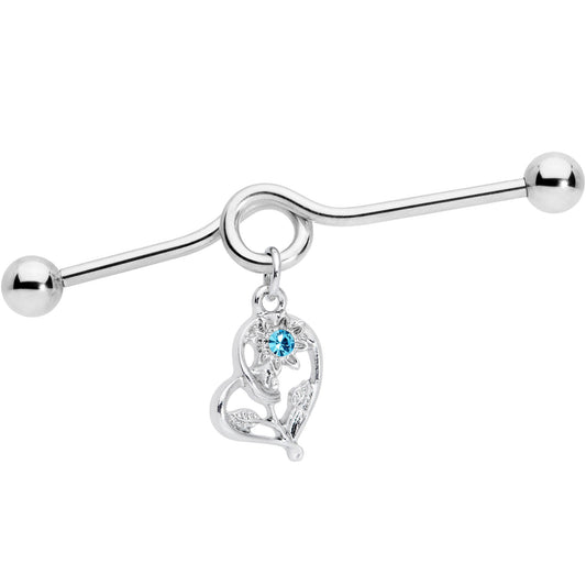 14G Aqua Gem Blossoming Heart Flower Dangle Project Bar 38mm