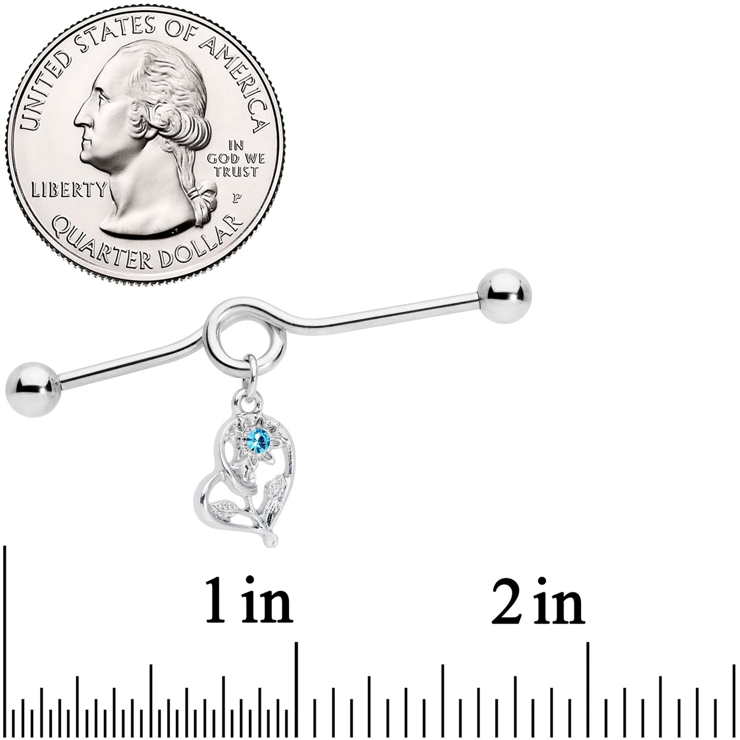 14G Aqua Gem Blossoming Heart Flower Dangle Project Bar 38mm