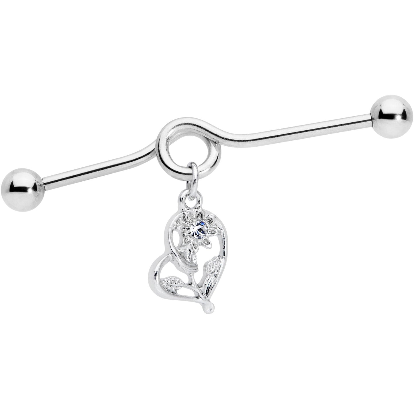 14G Clear Gem Blossoming Heart Flower Dangle Project Bar 38mm