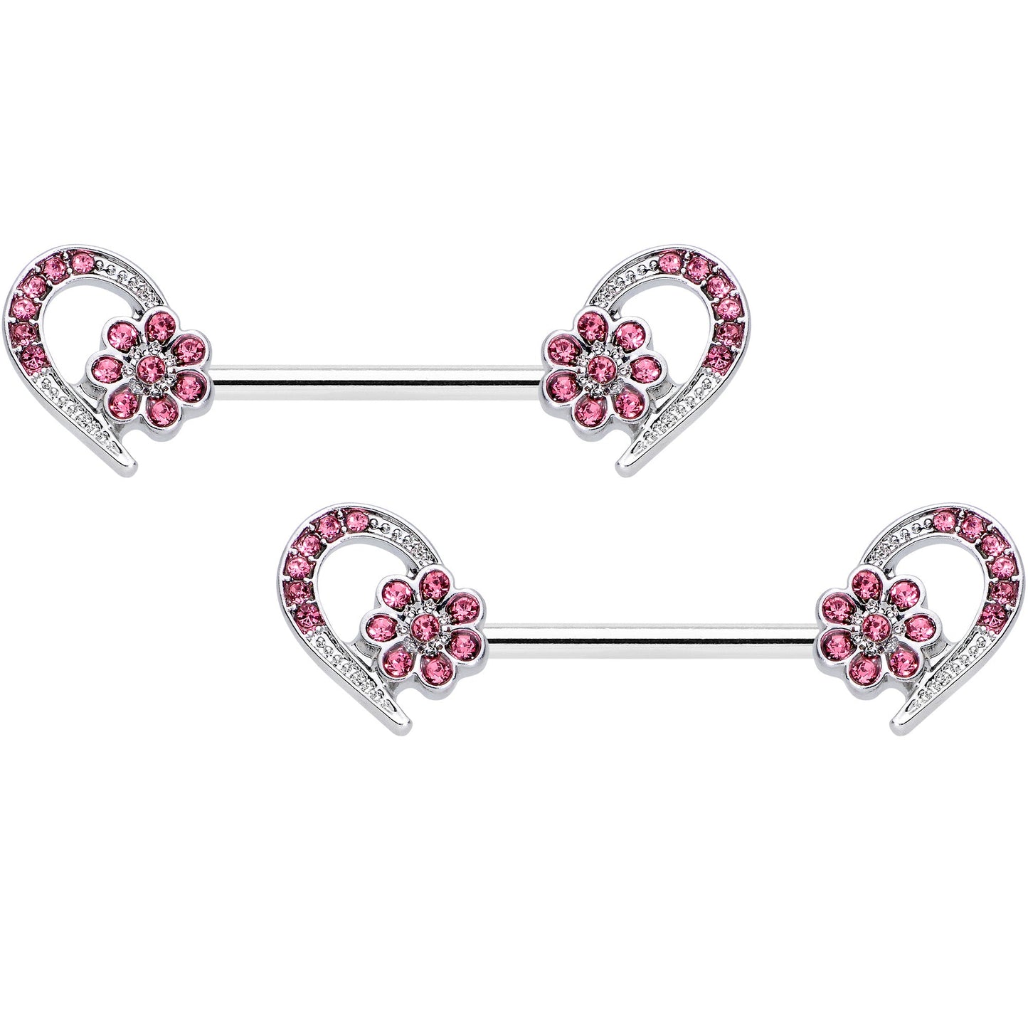 14G 9/16 Pink Gem Flower Heart Barbell Nipple Ring Set