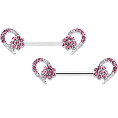 14G 9/16 Pink Gem Flower Heart Barbell Nipple Ring Set