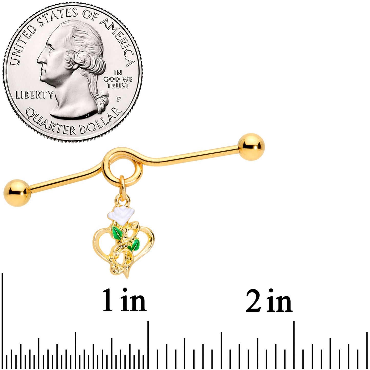 14G Gold Tone Heart Music Valentine Dangle Project Barbell 38mm