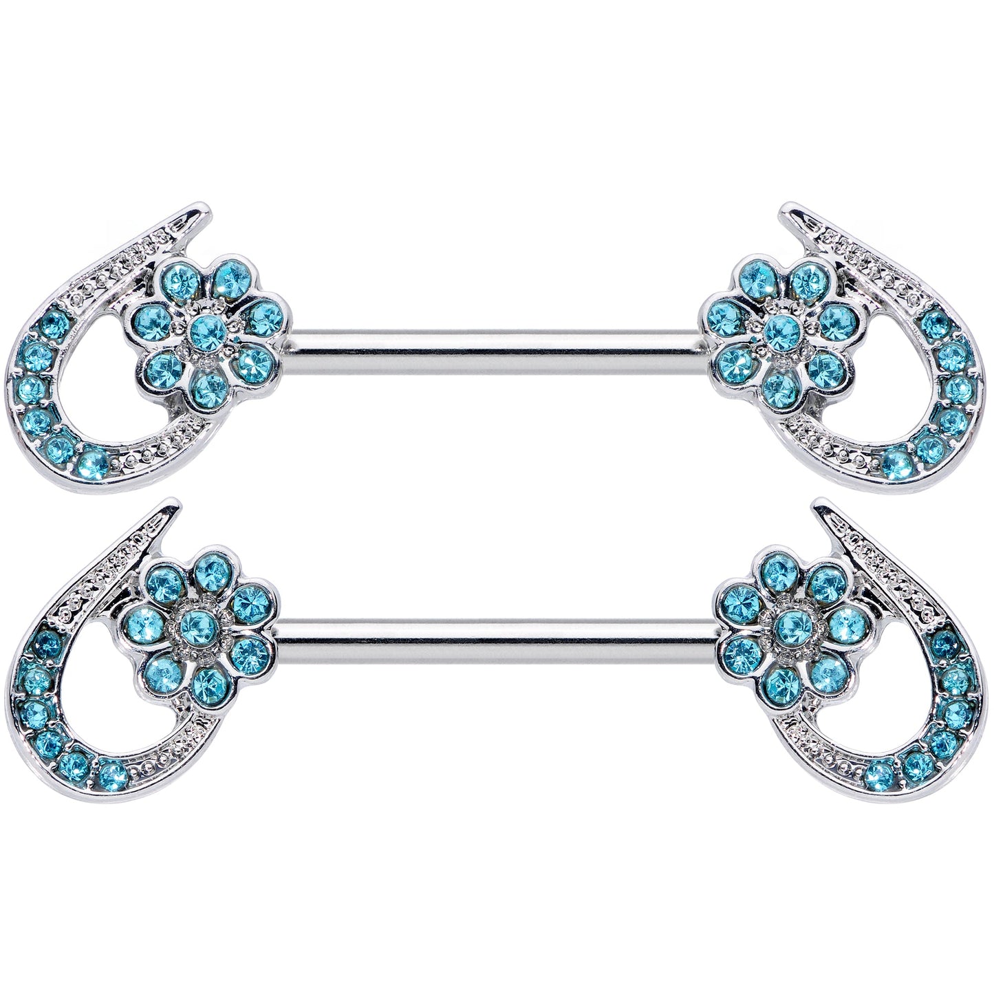 14G 5/8 Aqua Gem Heart Flower Barbell Nipple Ring Set