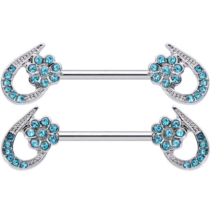 14G 5/8 Aqua Gem Heart Flower Barbell Nipple Ring Set