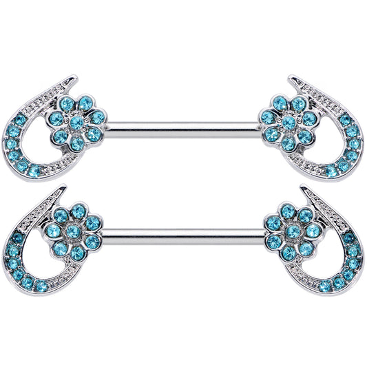 14G 5/8 Aqua Gem Heart Flower Barbell Nipple Ring Set