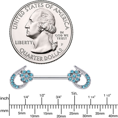 14G 5/8 Aqua Gem Heart Flower Barbell Nipple Ring Set