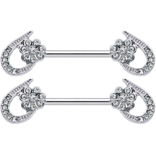 14G 5/8 Clear Gem Heart Flower Barbell Nipple Ring Set