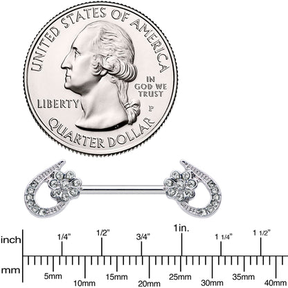 14G 5/8 Clear Gem Heart Flower Barbell Nipple Ring Set