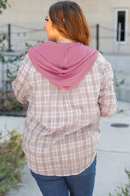Plus Size Plaid Button-Up Chest Pocket Hooded Shirt