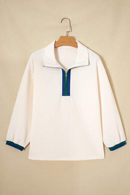 Stripe Contrast Waffle Knit Zip Up Polo Sweatshirt