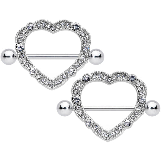 14G 9/16 Clear Gem Love Hearts Nipple Shield Set