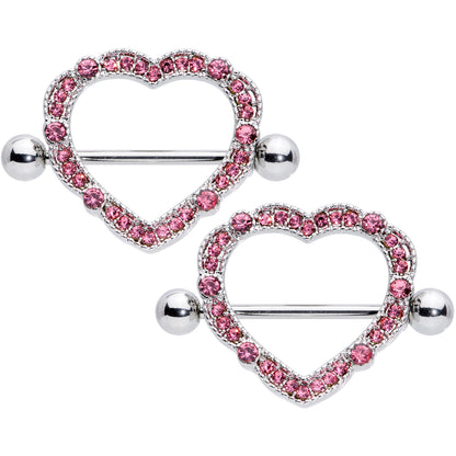 14G 9/16 Pink Gem Love Hearts Nipple Shield Set