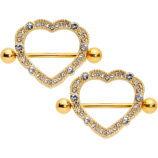 14G 9/16 Clear Gem Gold Tone Love Hearts Nipple Shield Set