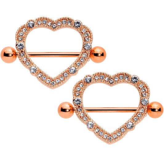 14G 9/16 Clear Gem Rose Gold Tone Love Hearts Nipple Shield Set