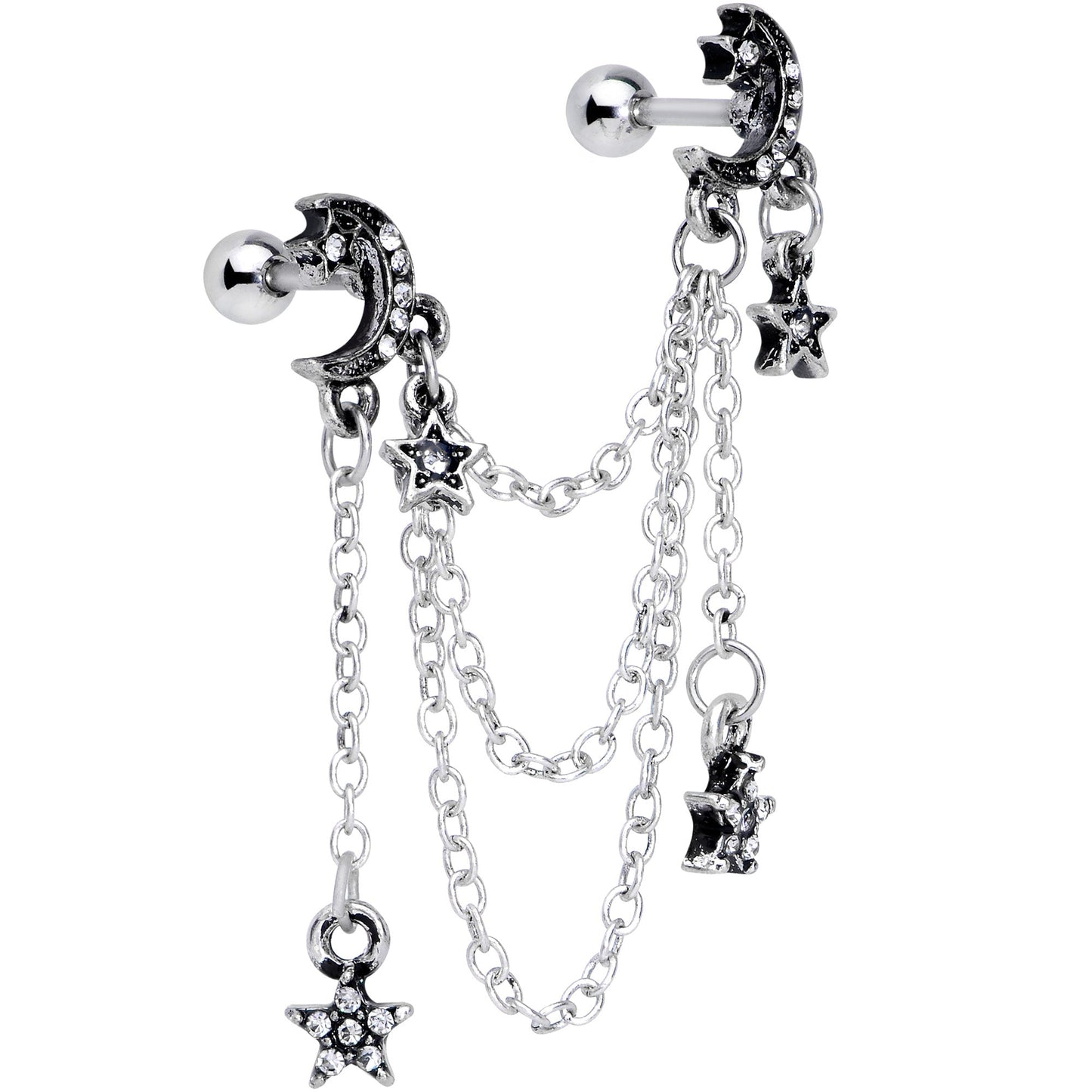 16G 1/4 Clear Gem Moon Star Triple Dangle Cartilage Chain Earring