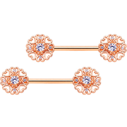 14G 9/16 Clear CZ Gem Rose Gold Hue Heart Barbell Nipple Ring Set