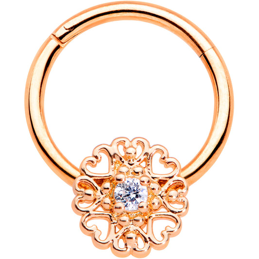 16G 3/8 Clear CZ Gem Rose Gold Tone Hearts Hinged Segment Ring